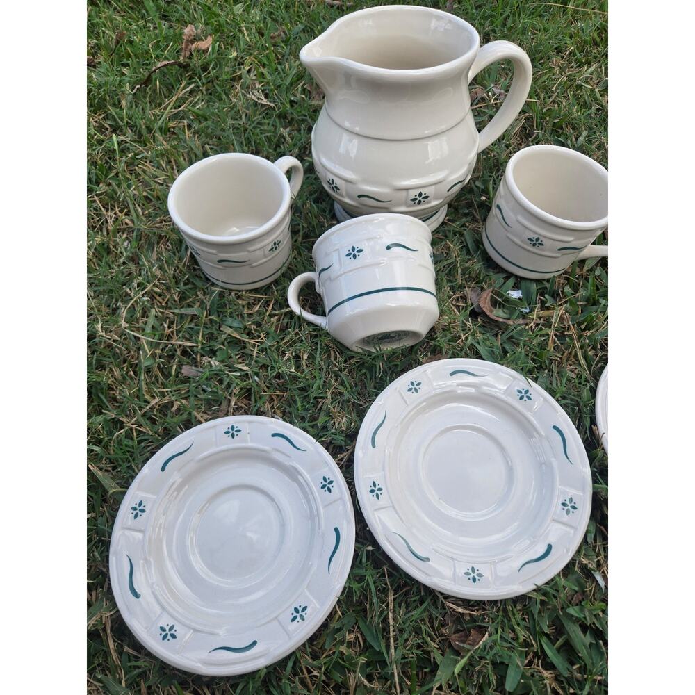 7 Piece Longaberger Pottery Green Woven Traditions Pitcher Cups Saucers - Picture 2 of 8